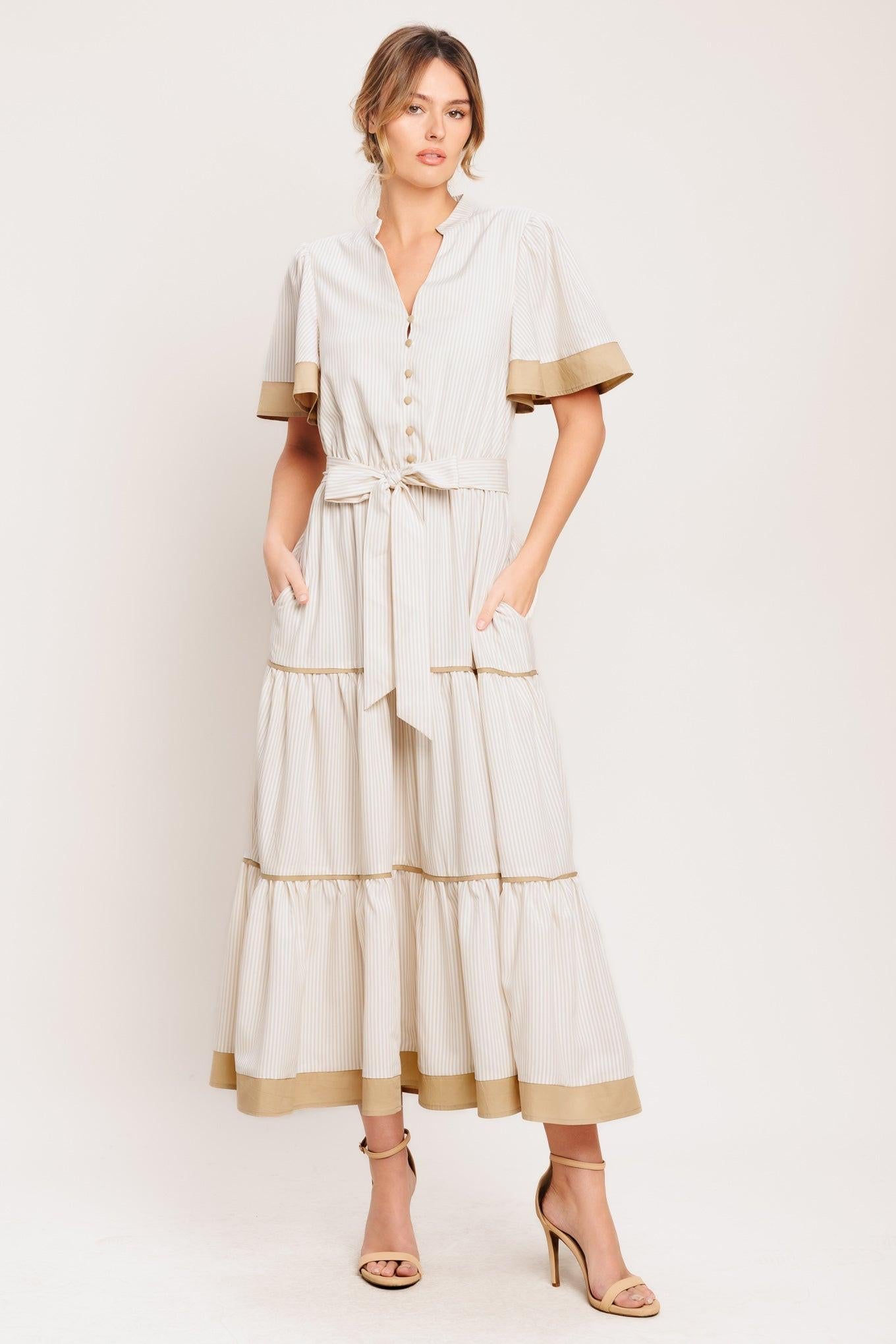 PARIS MORNING TAUPE WOVEN MIDI DRESS - Glamourous Grace