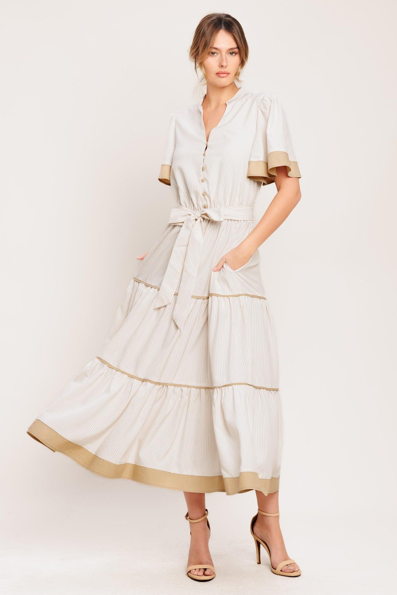 PARIS MORNING TAUPE WOVEN MIDI DRESS - Glamourous Grace