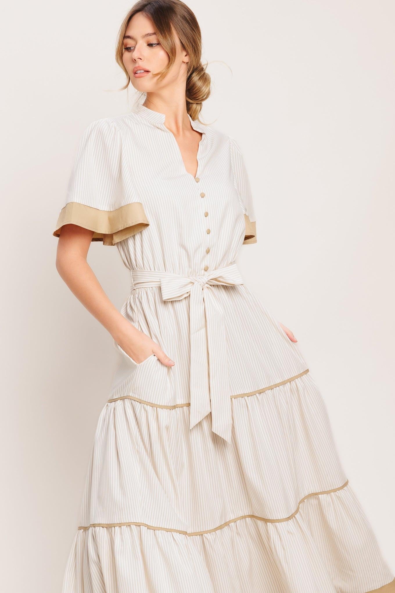 PARIS MORNING TAUPE WOVEN MIDI DRESS - Glamourous Grace