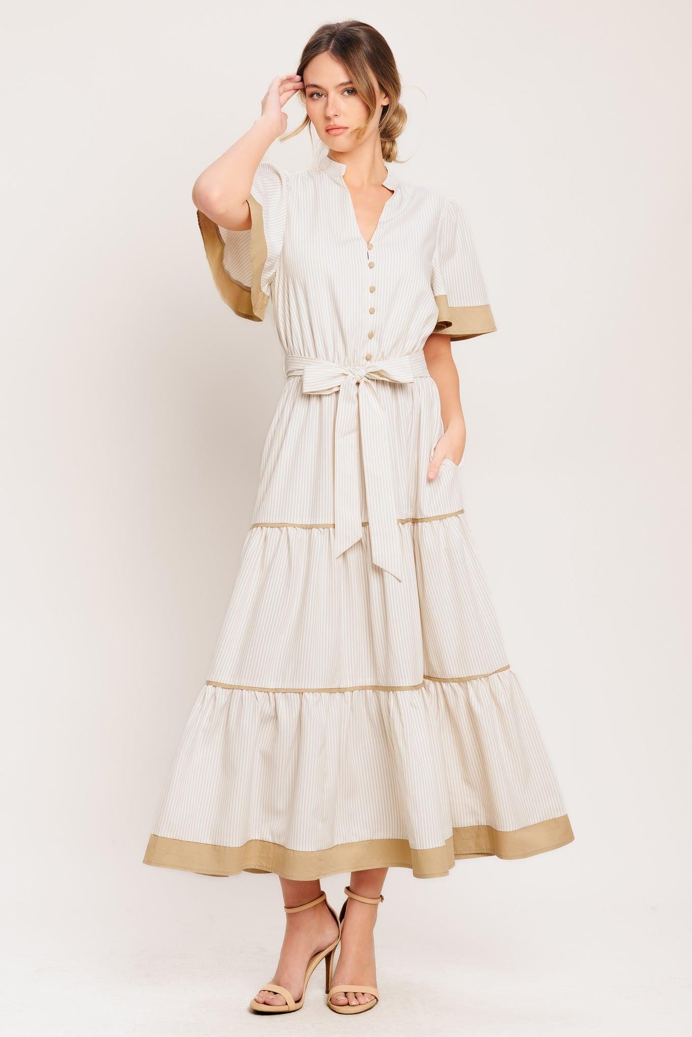 PARIS MORNING TAUPE WOVEN MIDI DRESS - Glamourous Grace