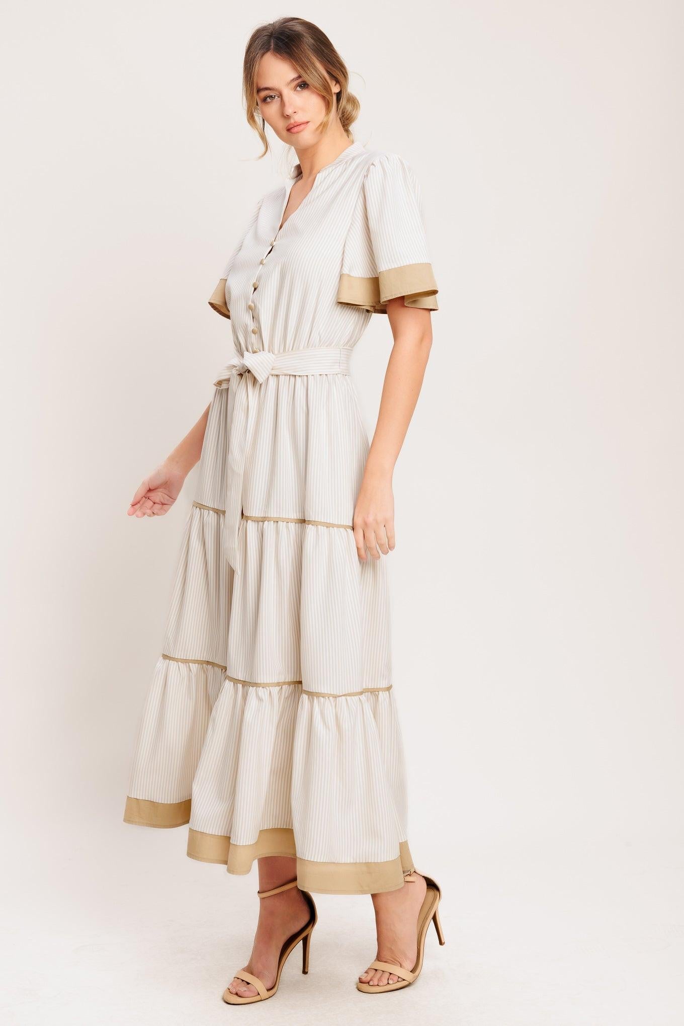 PARIS MORNING TAUPE WOVEN MIDI DRESS - Glamourous Grace