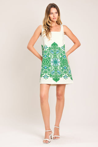 GREEN MOTIF WOVEN MINI DRESS - Glamourous Grace