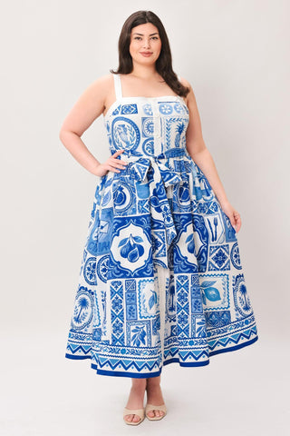 BLUE MAJOLICA CHARM WOVEN MIDI DRESS - Glamourous Grace