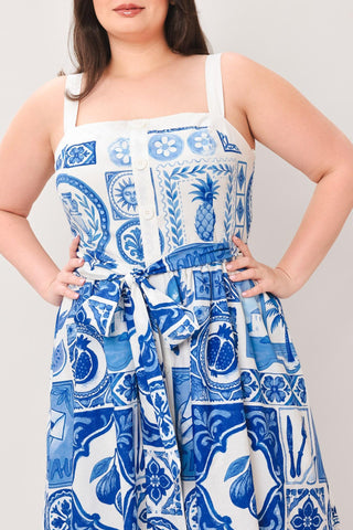 BLUE MAJOLICA CHARM WOVEN MIDI DRESS - Glamourous Grace