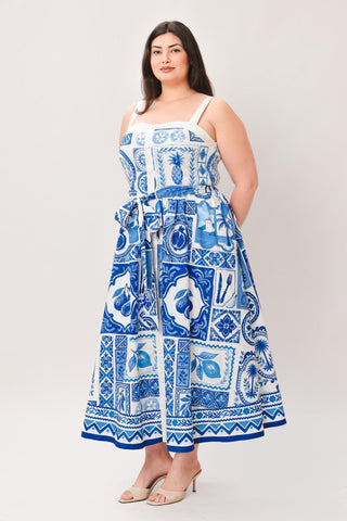 BLUE MAJOLICA CHARM WOVEN MIDI DRESS - Glamourous Grace
