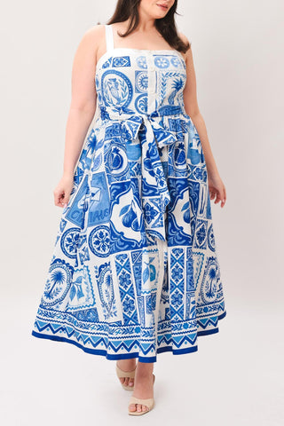 BLUE MAJOLICA CHARM WOVEN MIDI DRESS - Glamourous Grace
