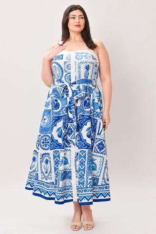 BLUE MAJOLICA CHARM WOVEN MIDI DRESS - Glamourous Grace