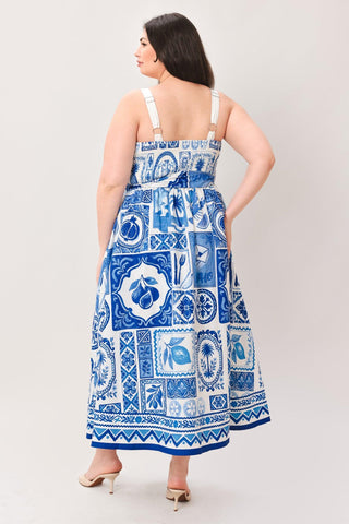 BLUE MAJOLICA CHARM WOVEN MIDI DRESS - Glamourous Grace