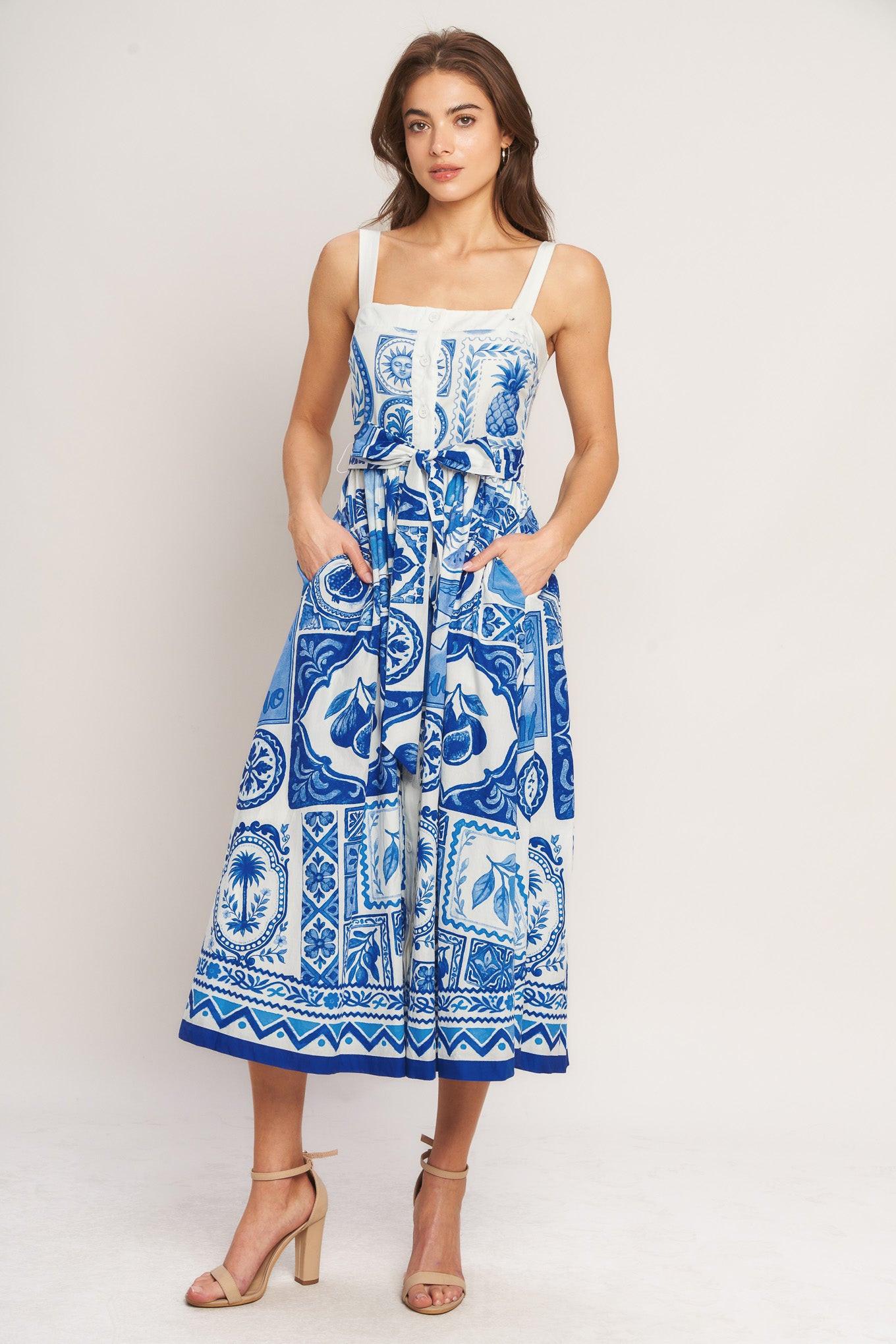 BLUE MAJOLICA CHARM WOVEN MIDI DRESS - Glamourous Grace