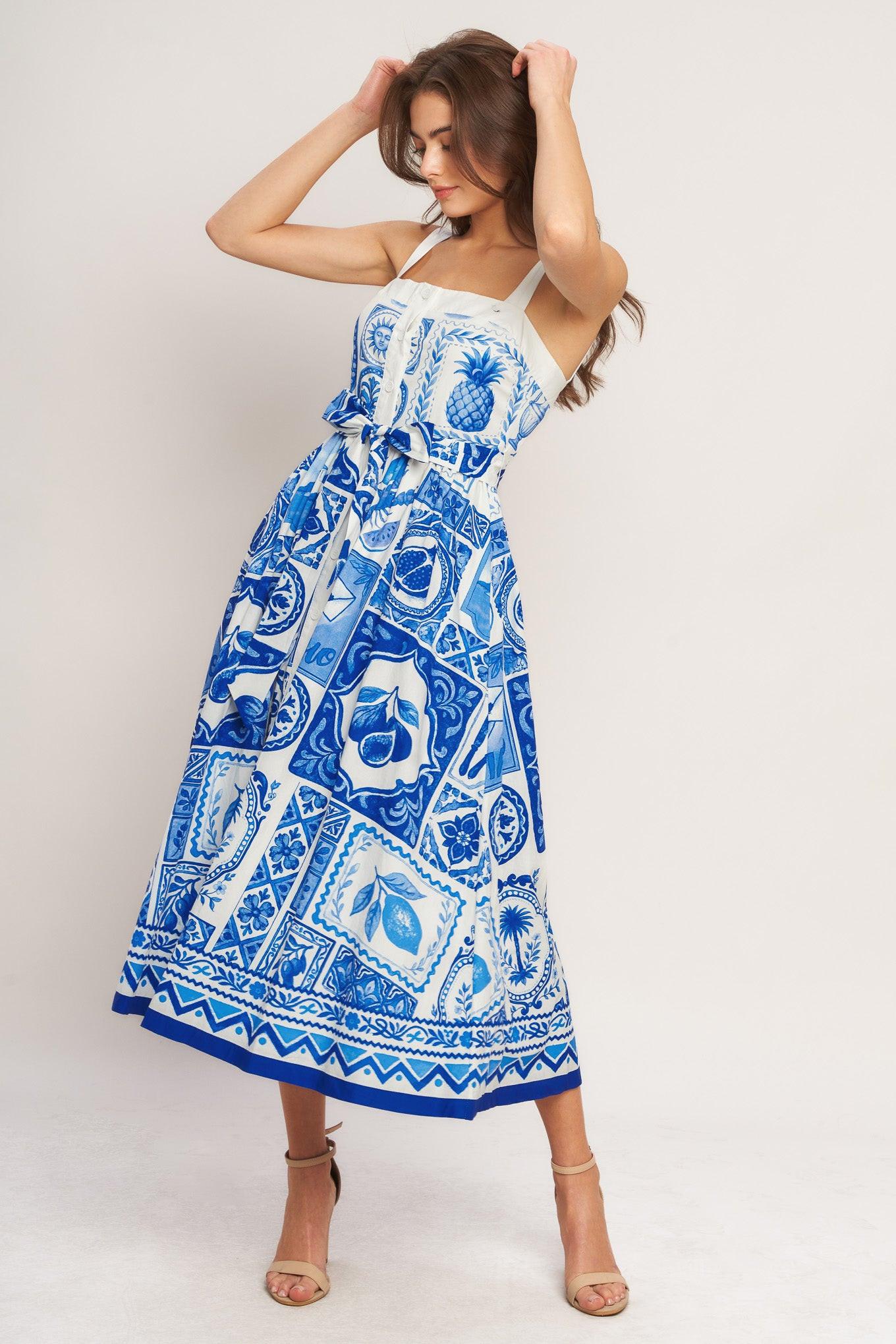BLUE MAJOLICA CHARM WOVEN MIDI DRESS - Glamourous Grace