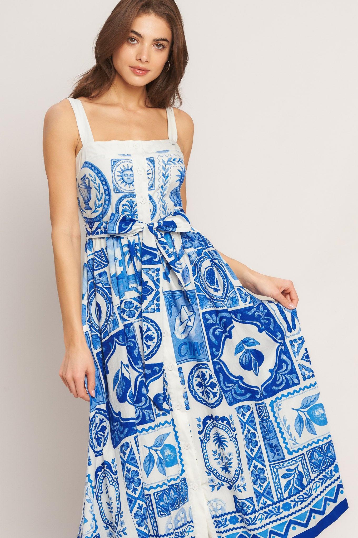 BLUE MAJOLICA CHARM WOVEN MIDI DRESS - Glamourous Grace