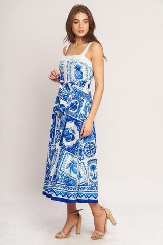 BLUE MAJOLICA CHARM WOVEN MIDI DRESS - Glamourous Grace