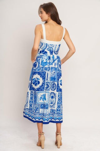 BLUE MAJOLICA CHARM WOVEN MIDI DRESS - Glamourous Grace