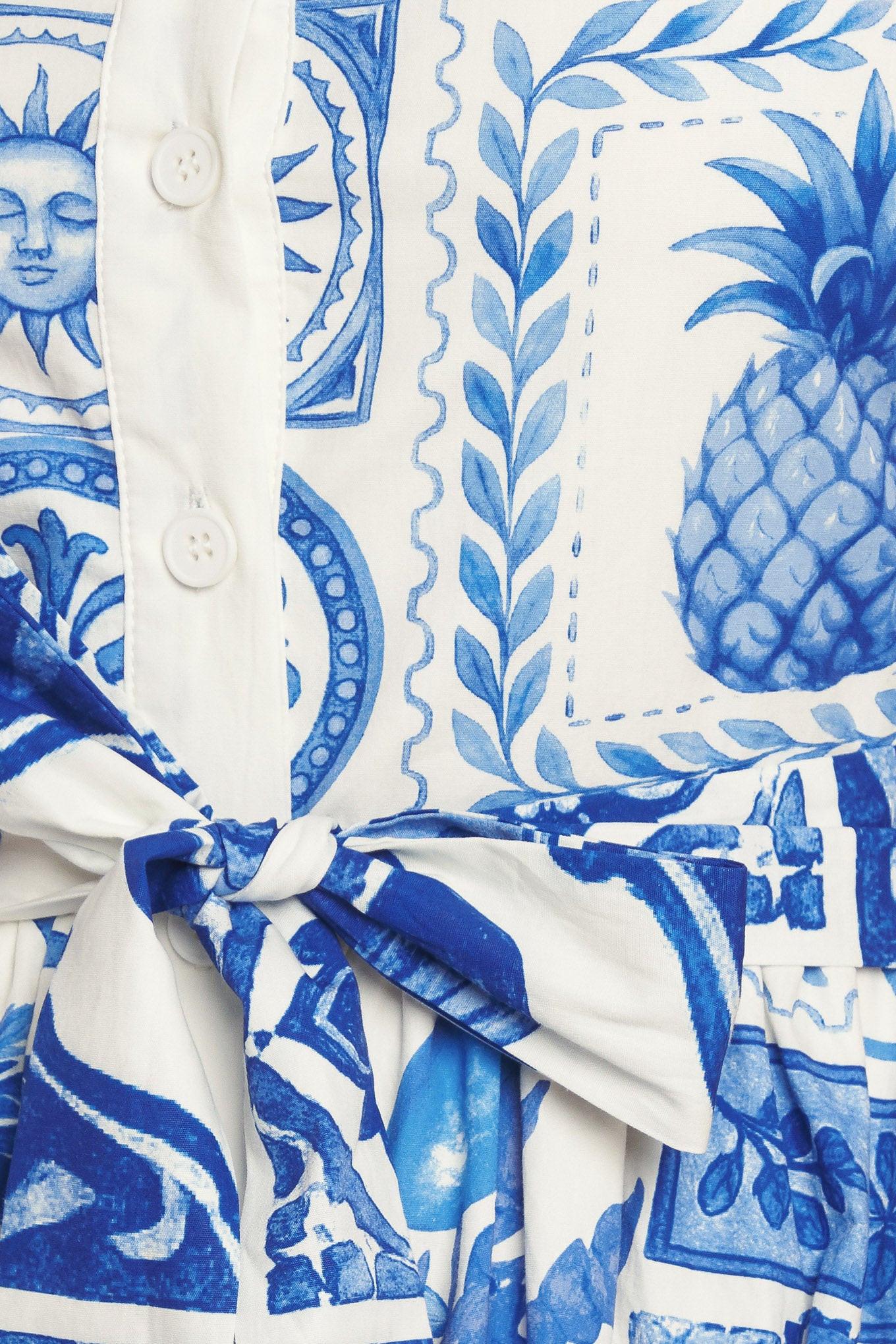 BLUE MAJOLICA CHARM WOVEN MIDI DRESS - Glamourous Grace