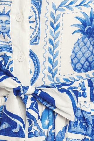 BLUE MAJOLICA CHARM WOVEN MIDI DRESS - Glamourous Grace