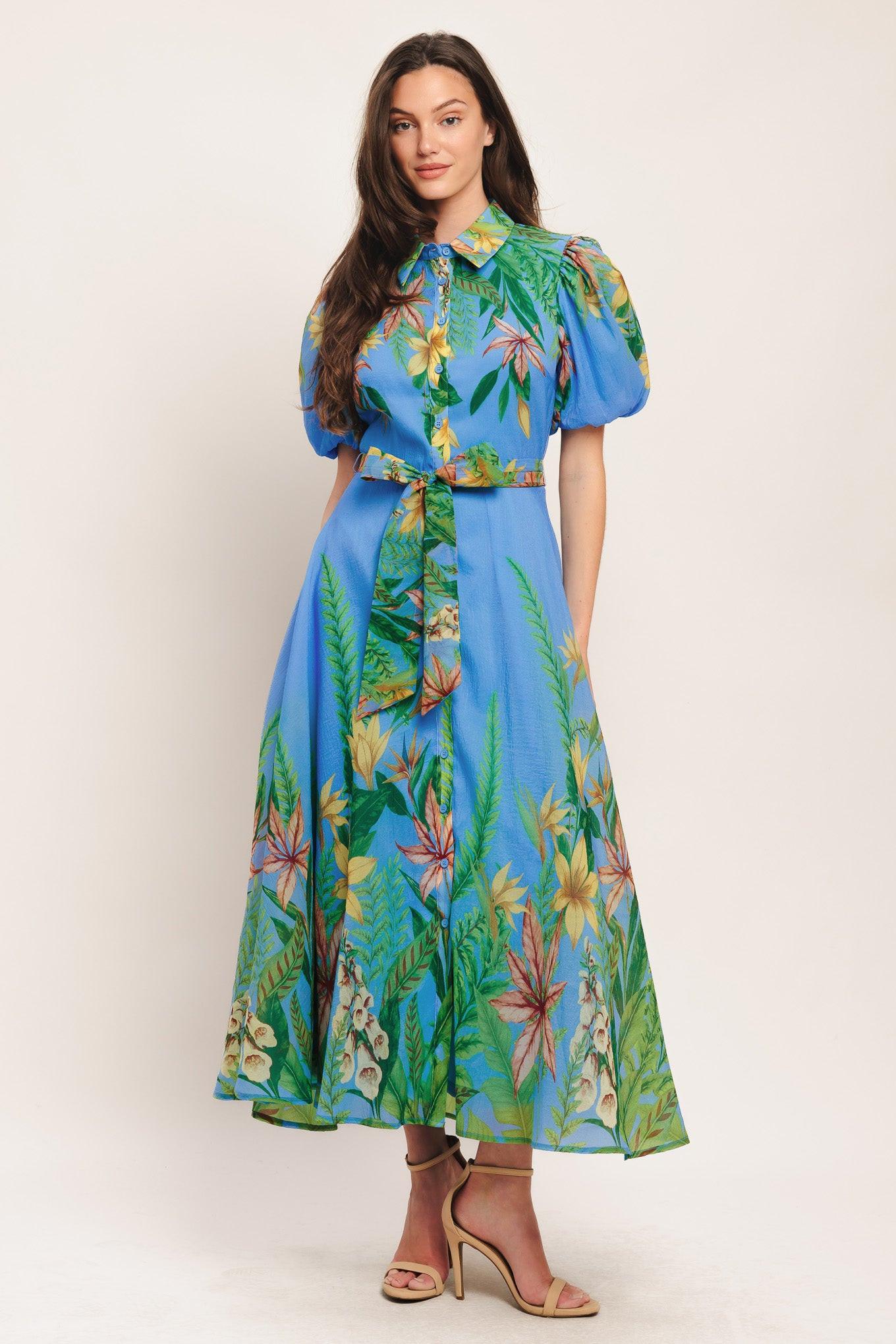 PALM SERENADE BLUE WOVEN MIDI DRESS - Glamourous Grace