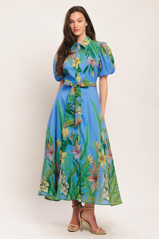 PALM SERENADE BLUE WOVEN MIDI DRESS - Glamourous Grace