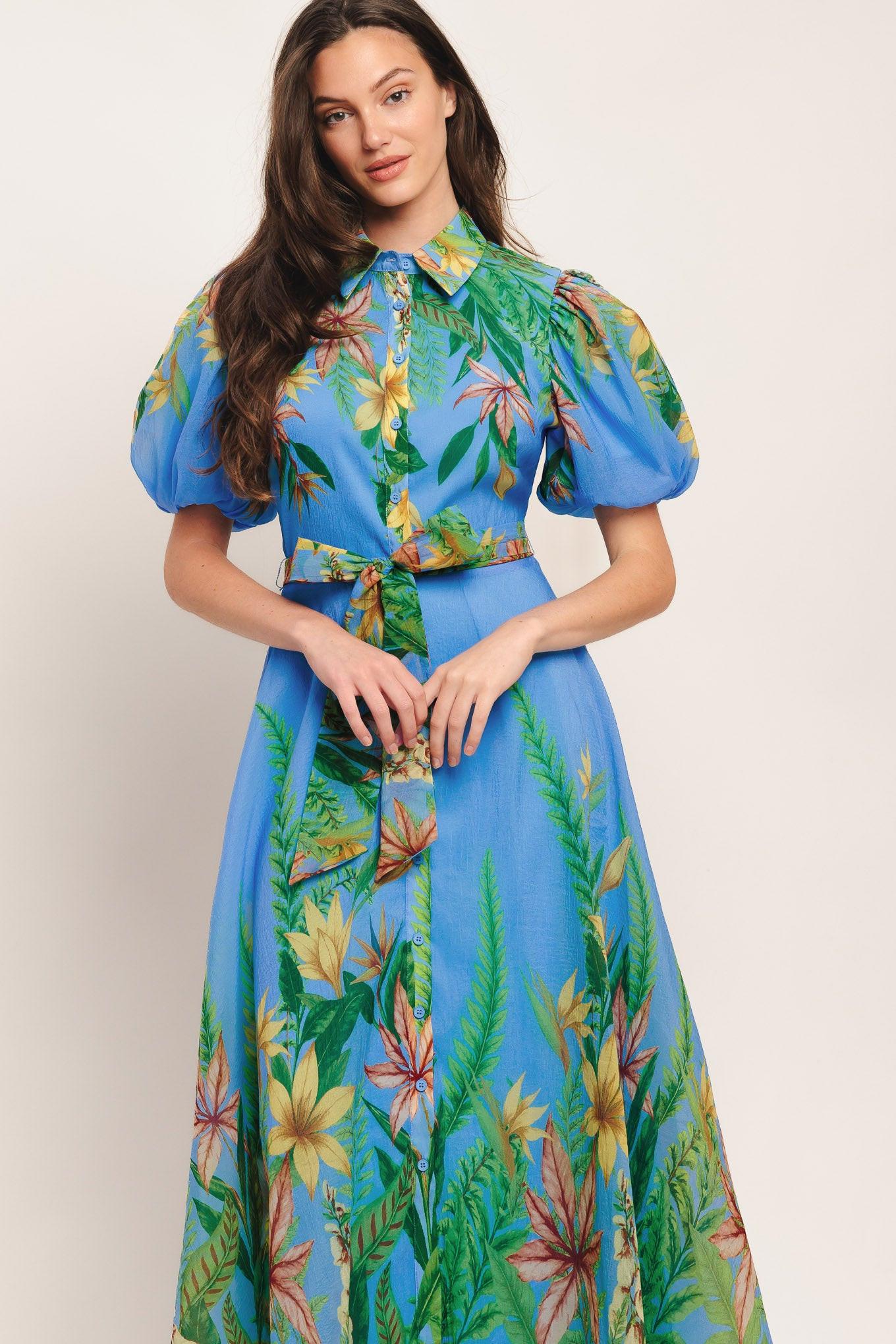 PALM SERENADE BLUE WOVEN MIDI DRESS - Glamourous Grace