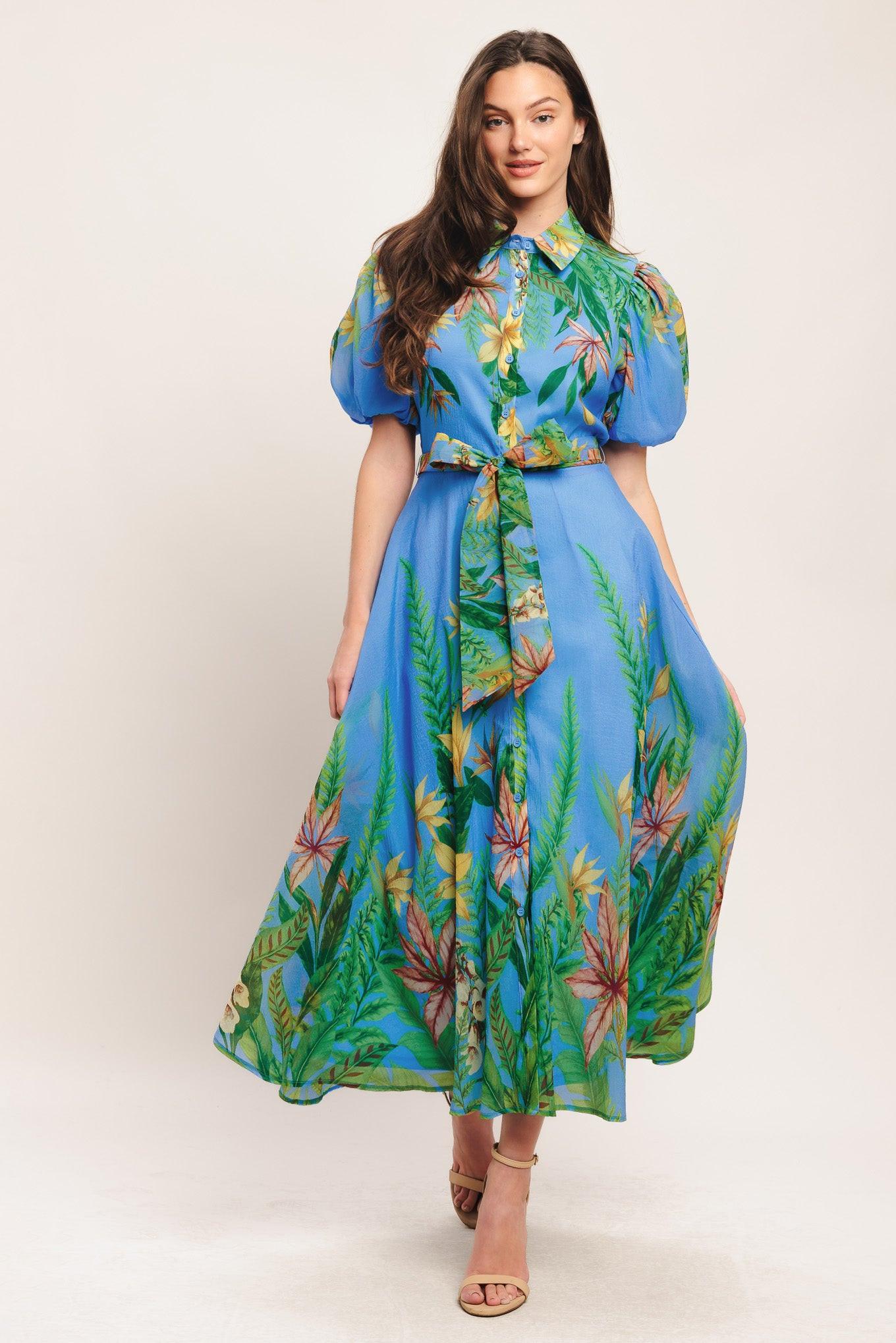 PALM SERENADE BLUE WOVEN MIDI DRESS - Glamourous Grace