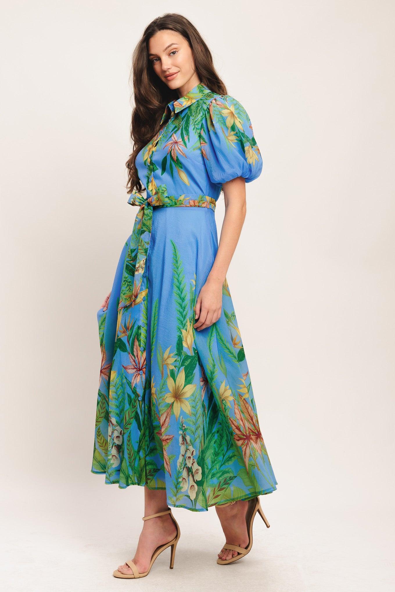 PALM SERENADE BLUE WOVEN MIDI DRESS - Glamourous Grace