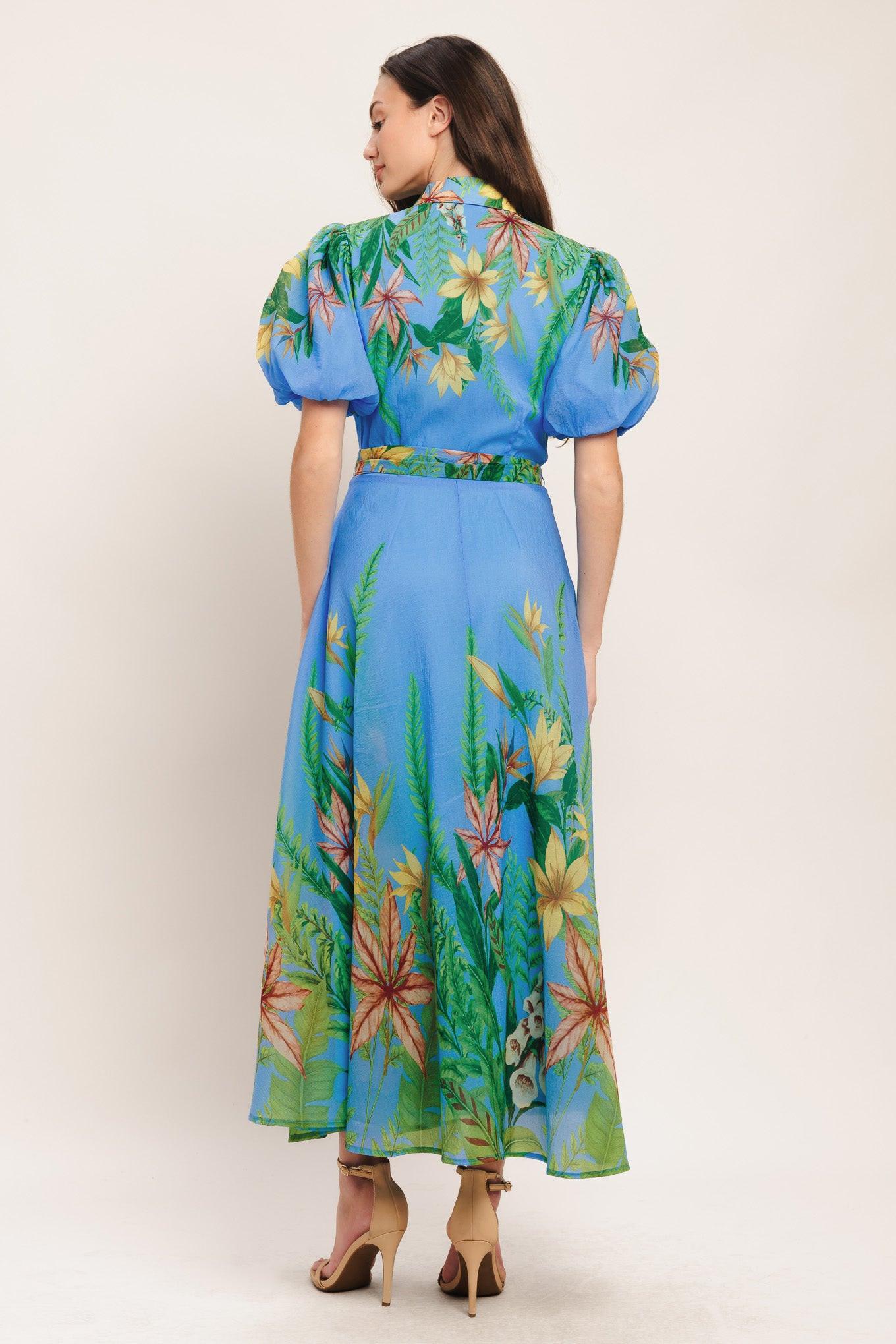PALM SERENADE BLUE WOVEN MIDI DRESS - Glamourous Grace