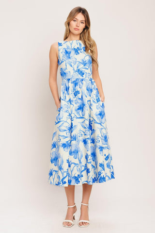 PORCELAIN FLORAL WOVEN MIDI DRESS - Glamourous Grace