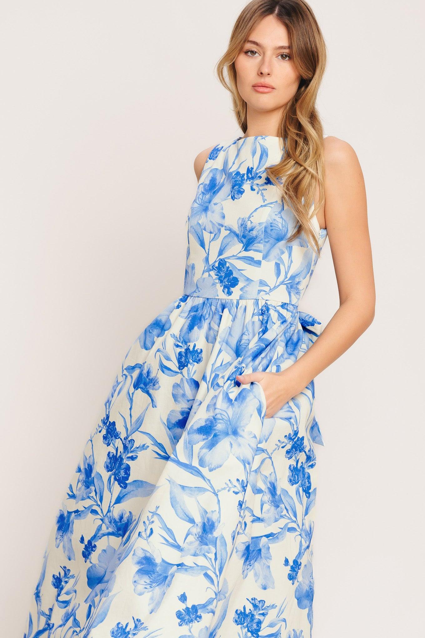 PORCELAIN FLORAL WOVEN MIDI DRESS - Glamourous Grace