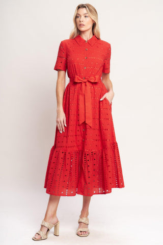 POWER SCARLET WOVEN EYELET MIDI DRESS - Glamourous Grace