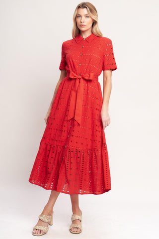POWER SCARLET WOVEN EYELET MIDI DRESS - Glamourous Grace