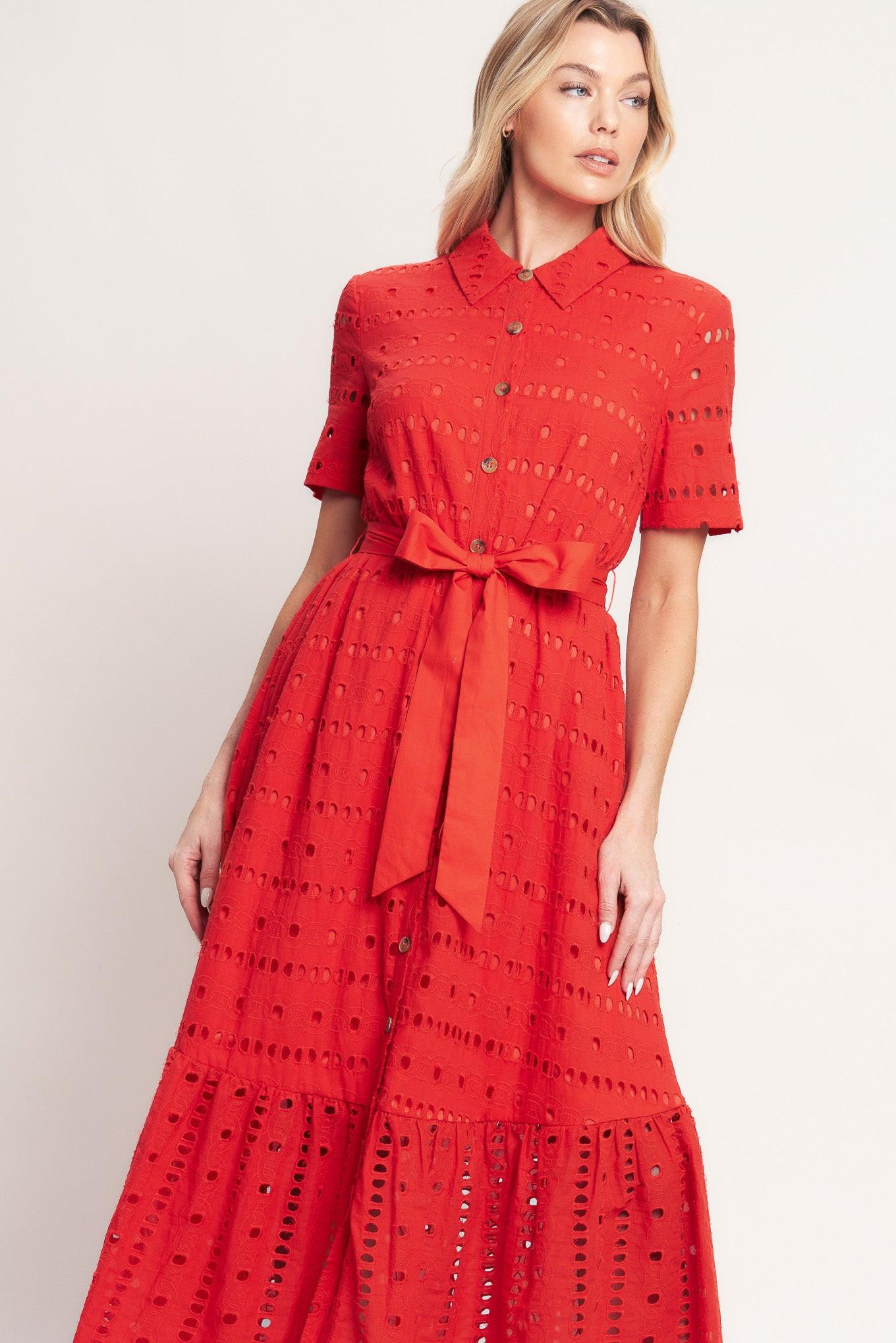 POWER SCARLET WOVEN EYELET MIDI DRESS - Glamourous Grace