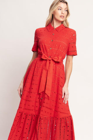 POWER SCARLET WOVEN EYELET MIDI DRESS - Glamourous Grace
