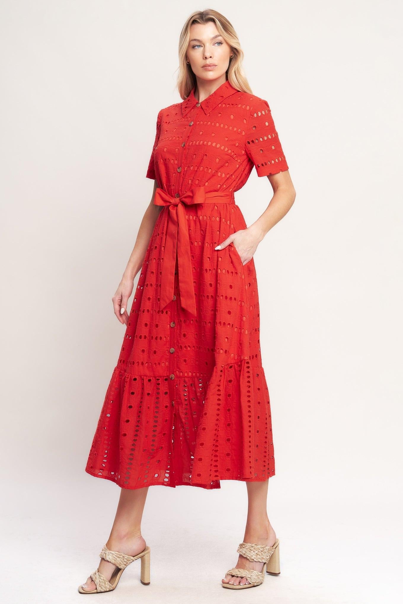 POWER SCARLET WOVEN EYELET MIDI DRESS - Glamourous Grace