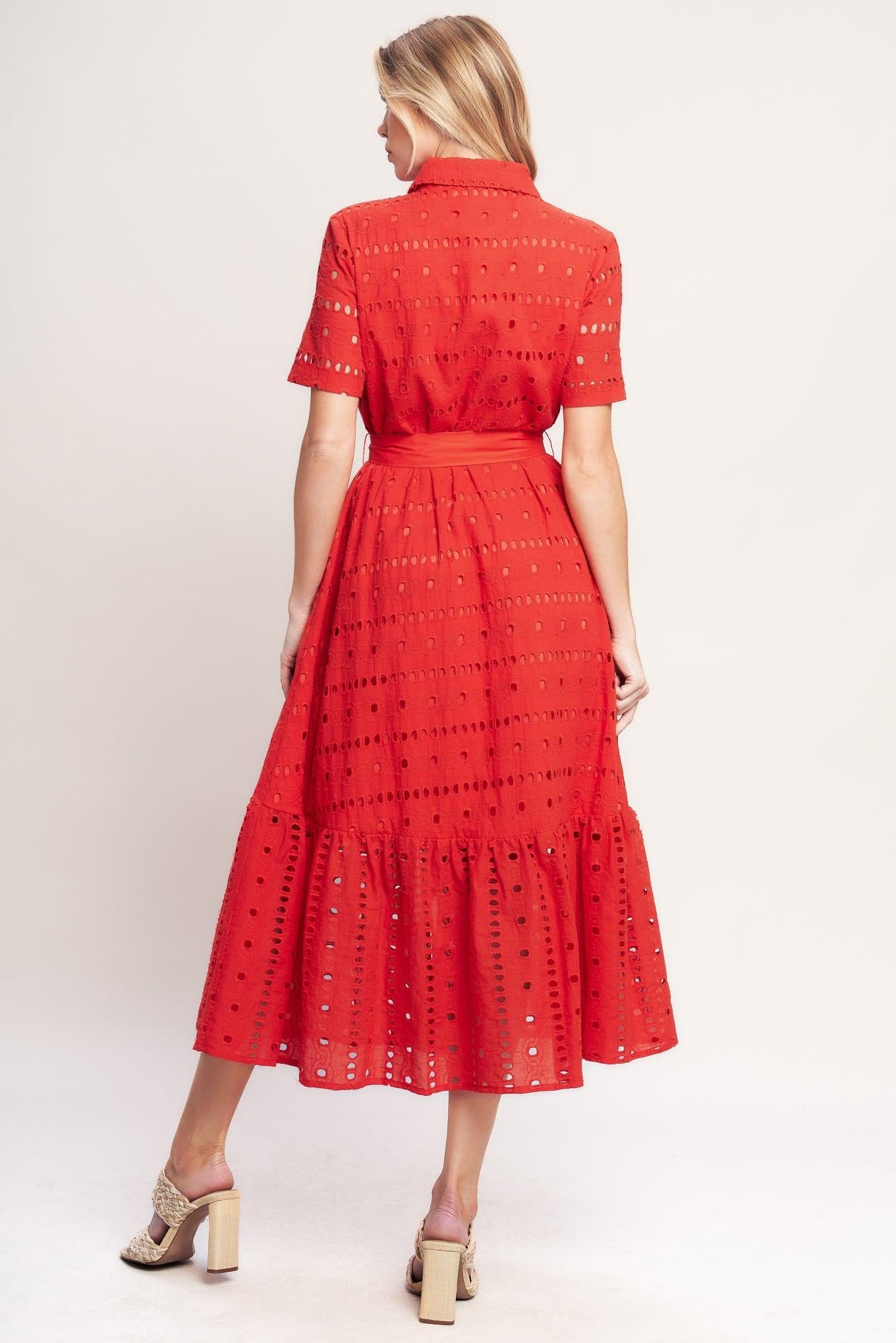POWER SCARLET WOVEN EYELET MIDI DRESS - Glamourous Grace