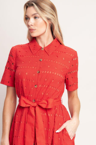 POWER SCARLET WOVEN EYELET MIDI DRESS - Glamourous Grace