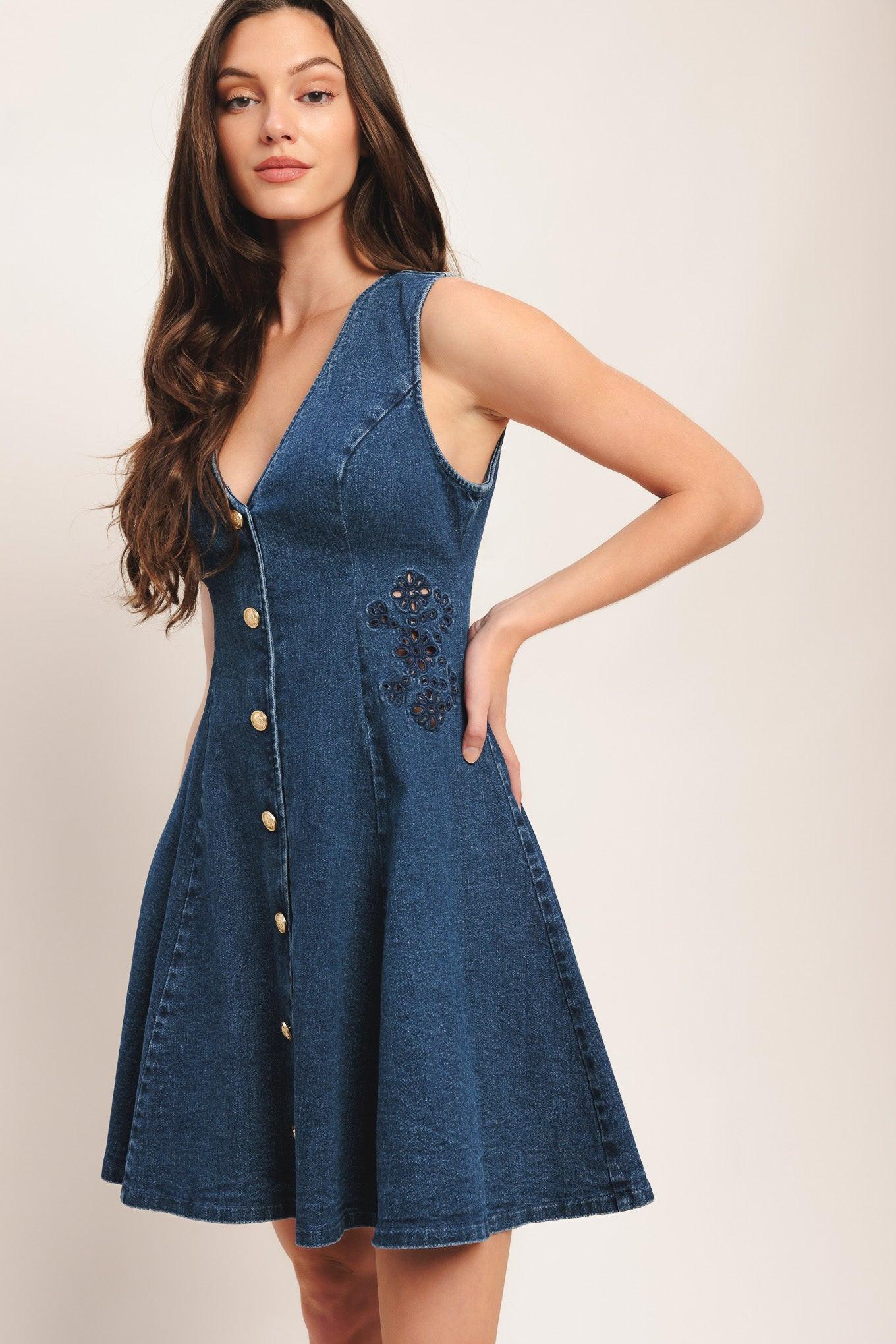 INDIGO FLARE DENIM MINI DRESS - Glamourous Grace
