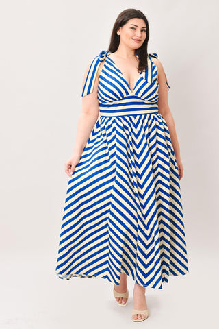 BLUE VOYAGE STRIPE WOVEN MIDI DRESS - Glamourous Grace