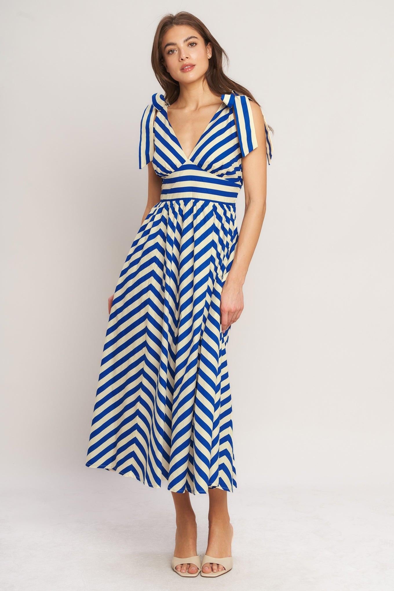 BLUE VOYAGE STRIPE WOVEN MIDI DRESS - Glamourous Grace