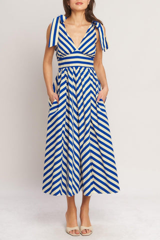 BLUE VOYAGE STRIPE WOVEN MIDI DRESS - Glamourous Grace