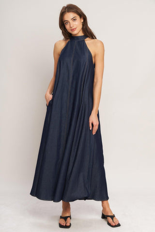 MIDNIGHT FLOW WOVEN MIDI HALTER DRESS - Glamourous Grace