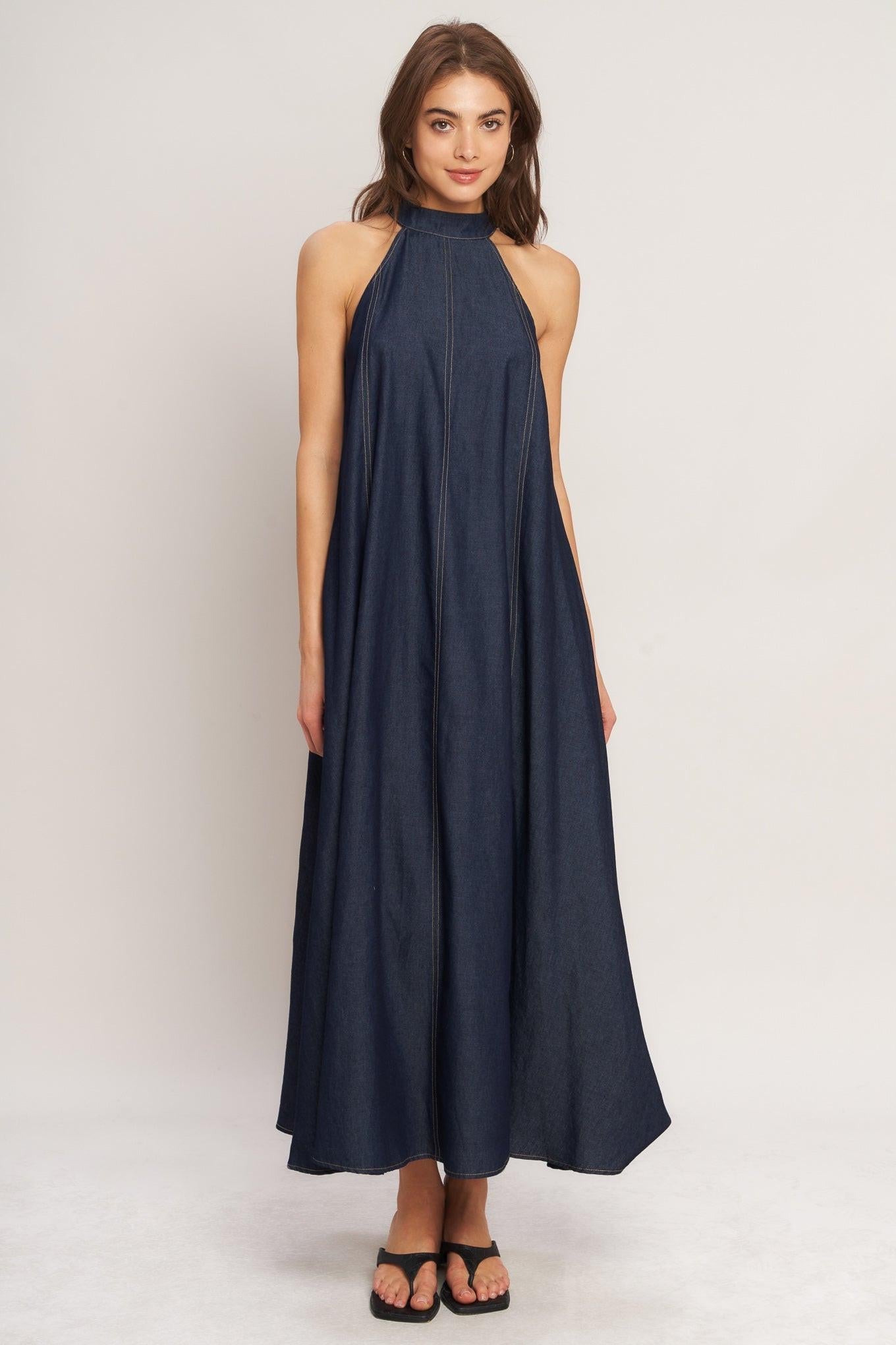 MIDNIGHT FLOW WOVEN MIDI HALTER DRESS - Glamourous Grace