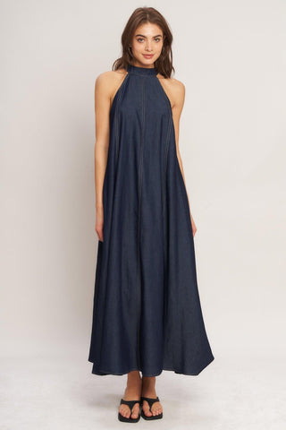 MIDNIGHT FLOW WOVEN MIDI HALTER DRESS - Glamourous Grace