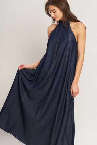 MIDNIGHT FLOW WOVEN MIDI HALTER DRESS - Glamourous Grace