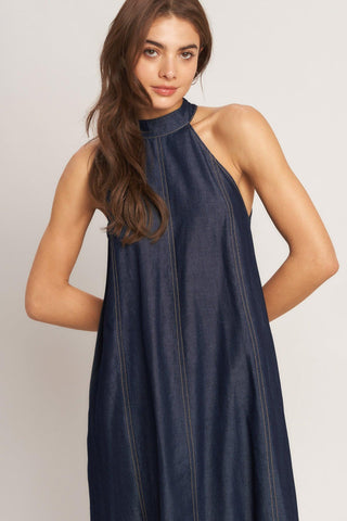 MIDNIGHT FLOW WOVEN MIDI HALTER DRESS - Glamourous Grace