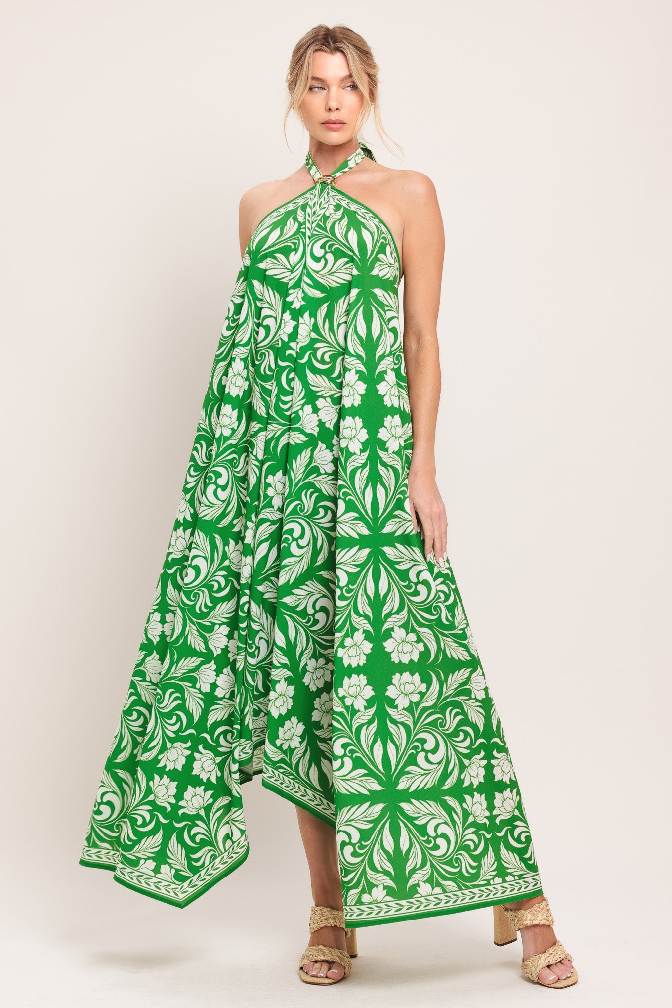 EMERALD BLOOM WOVEN MIDI SCARF DRESS - Glamourous Grace
