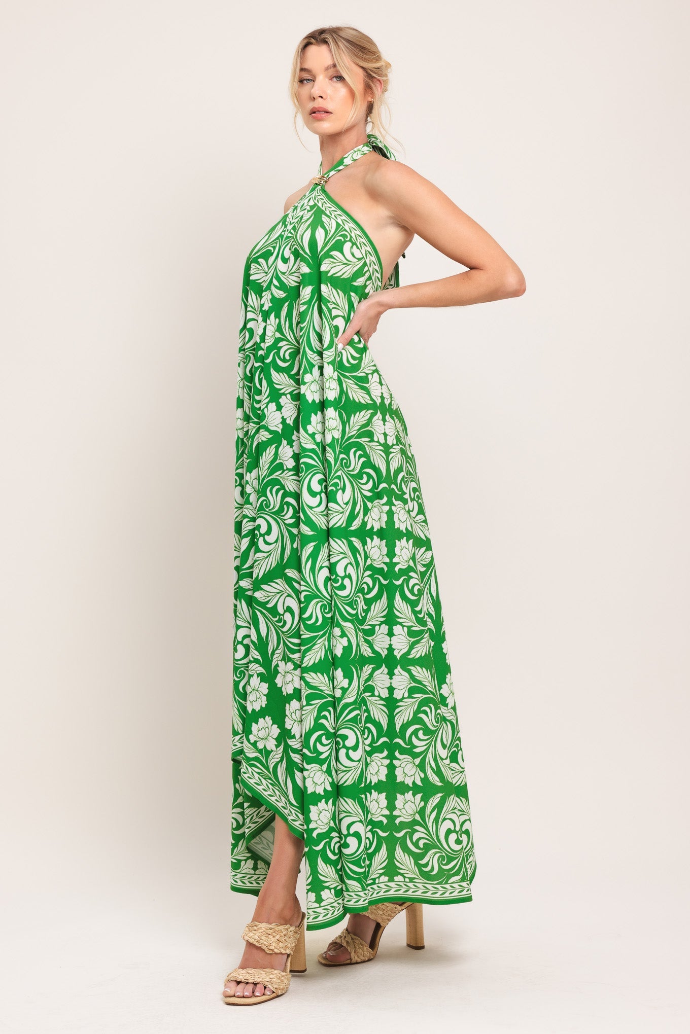 EMERALD BLOOM WOVEN MIDI SCARF DRESS - Glamourous Grace