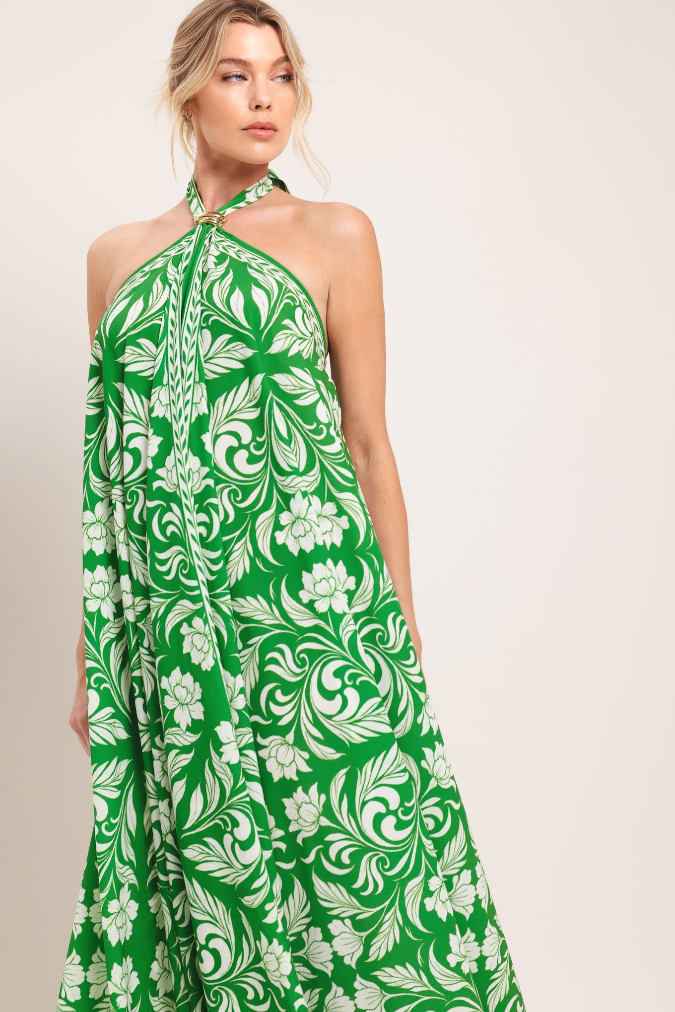 EMERALD BLOOM WOVEN MIDI SCARF DRESS - Glamourous Grace
