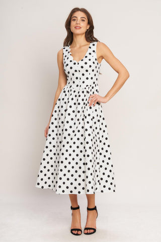VINTAGE WHISPER POLKA WOVEN MIDI DRESS