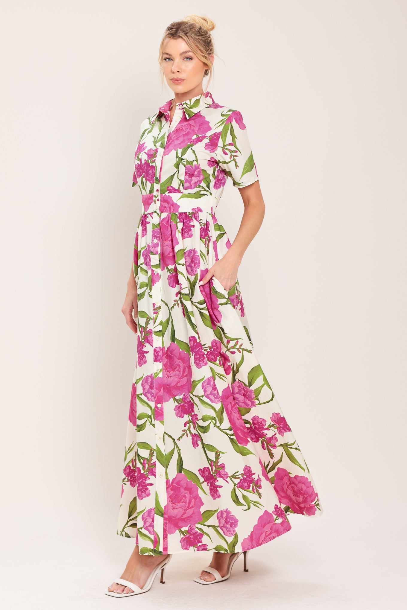 BLOOMING ROSE WOVEN MAXI SHIRT DRESS - Glamourous Grace