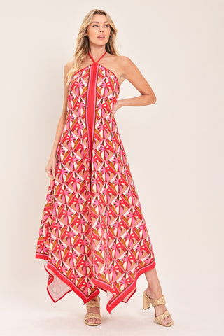 TROPICAL TEMPTATION HALTER WOVEN MIDI DRESS