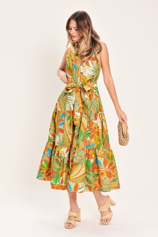 TROPICAL BLOOM TIERED WOVEN MIDI SHIRT DRESS - Glamourous Grace